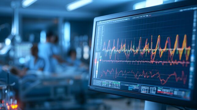 Medical heart rate monitor in hospital ward. Patient vital signs screen in intensive care unit. Healthcare technology and clinical data.