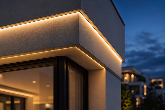 Moderne Hausfassade mit integrierter LED-Beleuchtung bei D&auml;mmerung