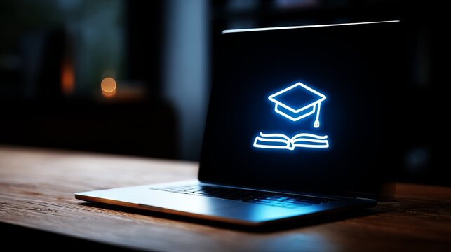 Glowing neon graduation cap and open book icon displayed on a modern laptop screen sitting on wooden desk surface
