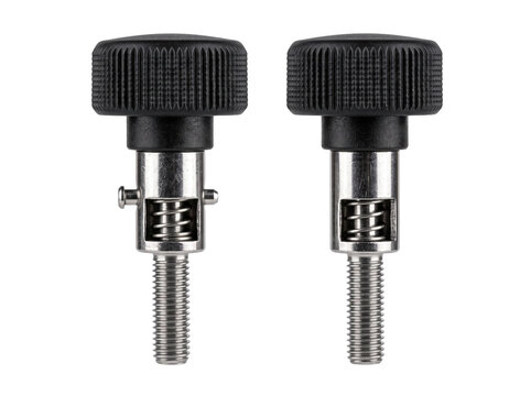 Knurled thumbscrew spring loaded bolt mechanism isolated on black background for industrial hardware engineering, mechanical equipment assembly, metal fastener detail, and technical component design.