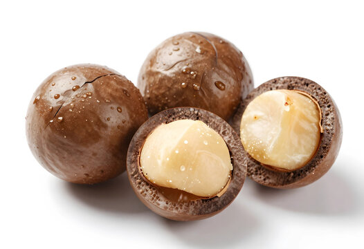 Fresh macadamia nuts with water droplets whole and cracked open healthy snack and ingredient concept isolated on white background