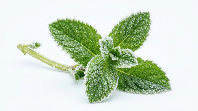 Frozen green mint leaves covered in white ice crystals representing herbal freshness and cooling. Perfect for culinary design, organic food branding, and winter season themes. Mentha plant leaf herb.