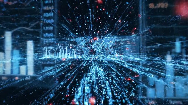 Futuristic digital animation of financial stock market data charts with global world map and binary code streams.