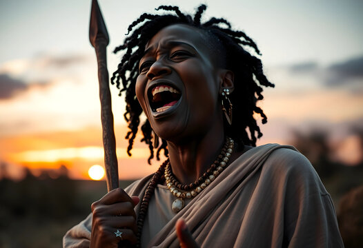African woman with dreadlocks holding a spear and shouting at sunset, cultural heritage and traditional warrior concept, the person expresses strong emotion with an open mouth and visible teeth
