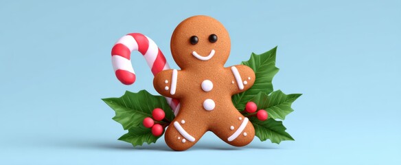 Fototapeta premium Cheerful gingerbread cookie adorned with candy canes and holly leaves for a festive touch.