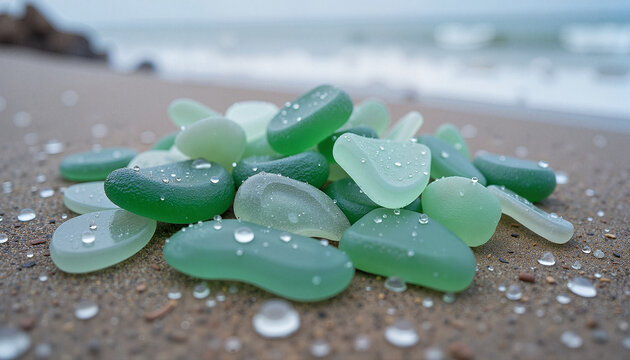 sea glass pebbles with water droplets scattered on a sandy beach shore creating a tranquil seaside scene ideal for nature-themed decor and environmental awareness