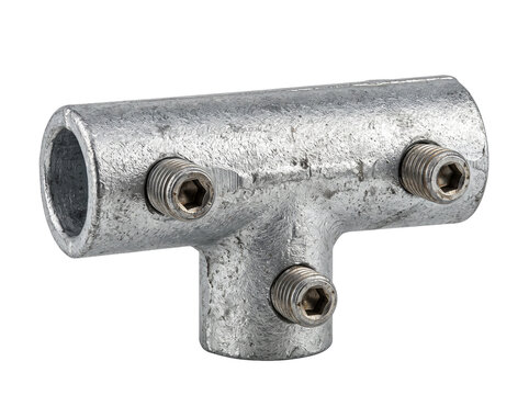 Galvanized Pipe Clamp Fitting Connector T-shaped metal scaffolding joint with hex set screws for industrial hardware construction and plumbing framework isolated on a solid black studio background