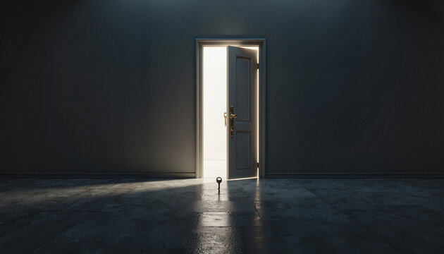 door partially open revealing light, key on the floor symbolizing opportunity and new beginnings, concept personal growth and exploration