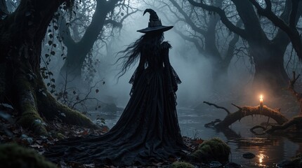 Fototapeta premium Mysterious black witch in long dress, pointy hat stands in dark spooky forest. Dark magic lady wanders through misty woods near river at night. Fantasy sorceress explores enchanted woodland with