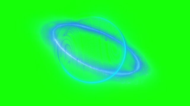 Abstract glowing blue light orbs rotating with particle trails isolated on green screen background with celestial spheres rotating three distinct glowing trails against solid