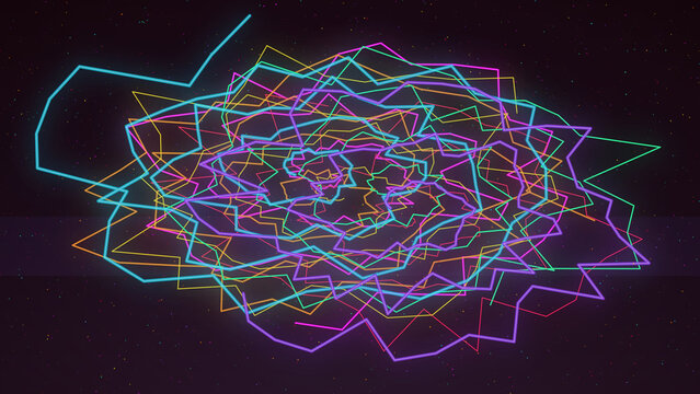 Complex colorful neon geometric rose star pattern particle trajectory simulation graphics with colorful geometric particle trajectory simulation graphics abstract geometry background symmetry
