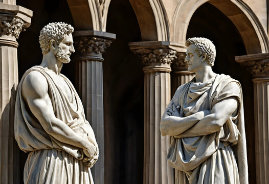 Two ancient roman marble statues of men in togas, classical architecture background, historical art and culture