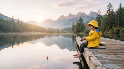 Fototapeta premium Young child fishing from a wooden dock at a serene mountain lake 