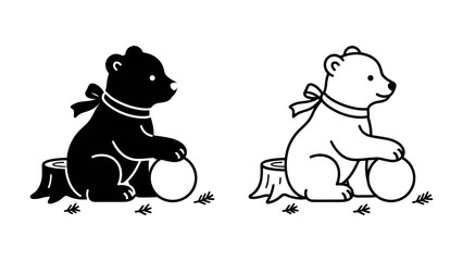 Bear Cub with Ball Icon: A charming graphic illustration of a bear cub, depicted in both black and white, sitting on a tree stump with a ball, adorned with a ribbon. © AbuHafs