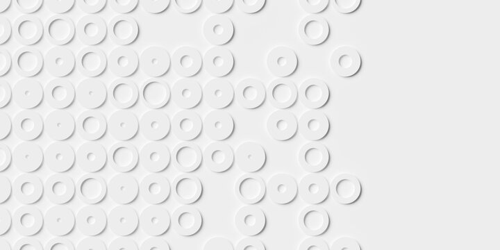 Modern minimal white background grid or array of circles with random thickness fading out with copy space, polygon pattern background wallpaper banner, flat lay top view