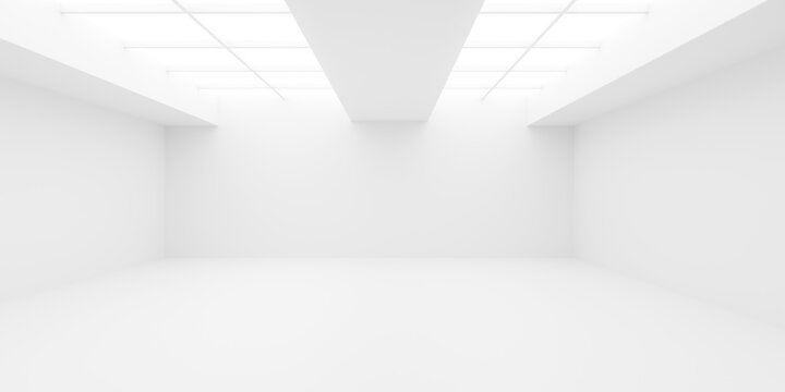 Empty modern white room or art gallery indoor background with two rows of ceiling window grids, soft sunlight, modern interior template
