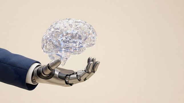 Robotic hand holding a glowing glass human brain model illustrating artificial intelligence concepts.