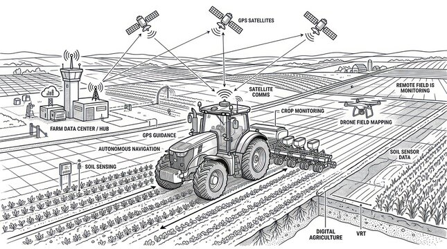 Dynamic Precision Agriculture Smart Farming with GPS Drones and Autonomous Tractors in Action with high quality professional line art symbols for modern creative design and digital branding projects