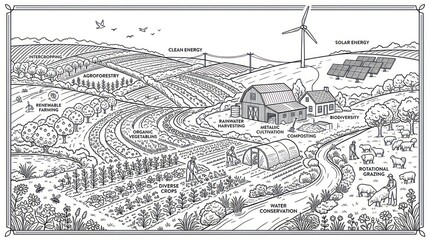 Obraz premium Dynamic Sustainable Farming Showcasing Eco Friendly Techniques and Renewable Energy Sources in Black and White