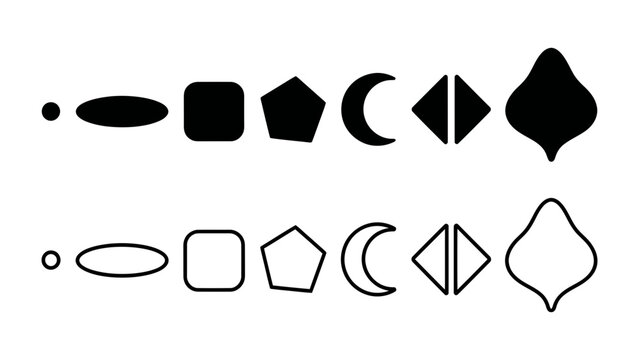 Evolution of Form: A visual representation of abstract shapes progressing from a simple dot to a complex organic form, presented in both solid black and outlined variations.
