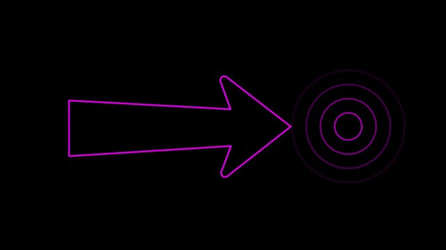 Magenta neon light directional arrow line and signal icon radio wave Animation. Black background 4k video moving.