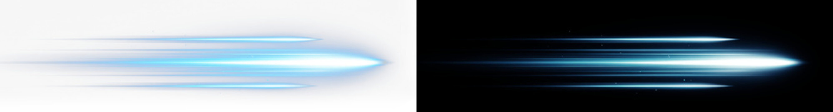 Blue light trail effect with horizontal lens flare and motion speed lines, glowing energy blast on black background for digital compositing, futuristic tech banner and dynamic motion graphic design