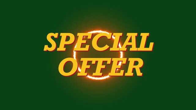 Special offer text animation with glowing circular elements on dark green background digital promotion with accompanied pulsating golden instances each accompanied appearing three separate