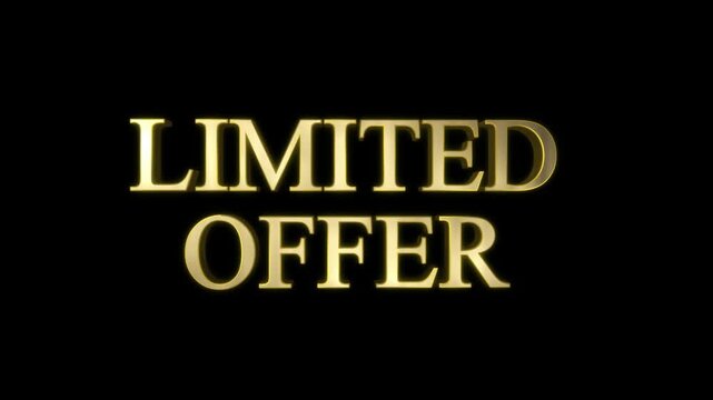 Golden limited offer text animation with falling confetti particles against bright green screen background with displays three dimensional gold text reading video displays