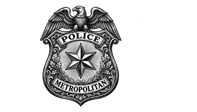 Metropolitan police badge vector engraving illustration with strong eagle and star emblem for security design.