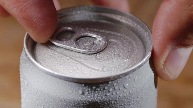 Macro shot of a hand opening a cold aluminum can of carbonated drink covered with water droplets. Perfect for refreshing summer concepts, commercial use, and product promo.