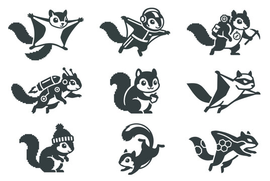 Flying squirrel icons in action-oriented and adventurous poses.