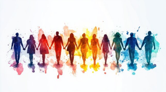 colorful watercolor silhouettes of people holding hands in a line with paint splashes and reflections conveying unity, diversity and joyful solidarity