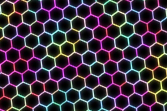 Neon hexagon pattern with colorful glowing lines on black