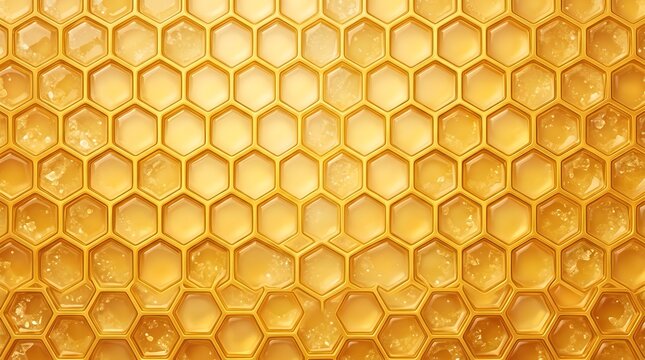 golden honeycomb background with fresh sweet organic honey filling hexagonal cells yellow wax structure top view full frame