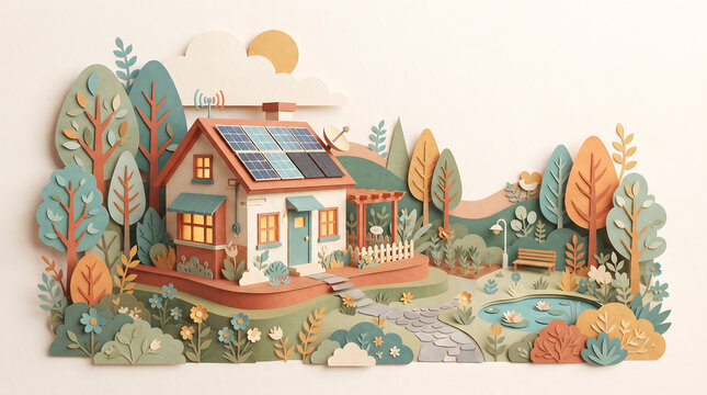 2D papercut vector illustration of a miniature eco smart home with solar roof panels and gardens