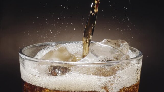 Close-up shot of cola being poured into a glass on the table with visible foam, fizz and rising carbonate bubble.