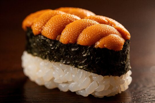 Close up of fresh uni gunkan sushi. Sea urchin topping on seaweed wrapped rice. Delicious japanese seafood delicacy on dark wooden table. Gourmet umami food for fine dining restaurant menu. High