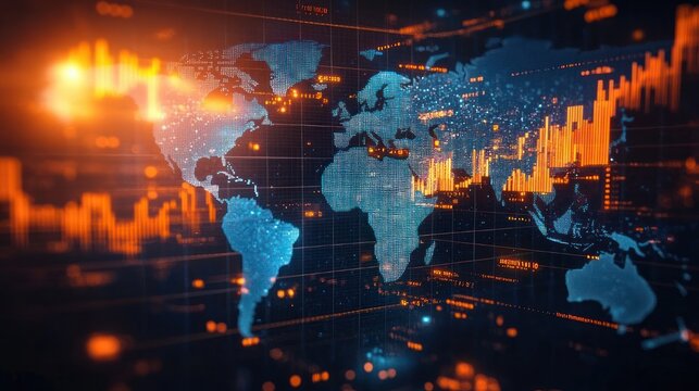 dynamic glowing digital world map overlaid with orange bar and line charts, scattered data points and grid lines conveying energetic global financial activity