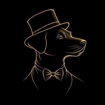 gold line portrait of a dapper dog wearing a top hat and bow tie, poised and proud on a black background