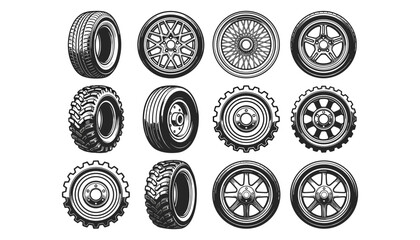Collection of various car tires alloy wheel rims offroad truck wheels and automotive maintenance garage icon vectors © MSTRAZINA