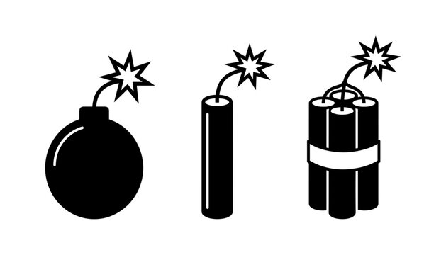 Explosive bomb and dynamite stick with burning spark fuse icons collection isolated on white background vector