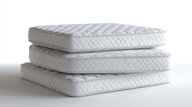 three white quilted mattresses stacked on a neutral background evoking comfort and calm