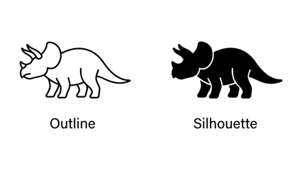 Dinosaur Icon Set: A graphic design featuring a dinosaur in both outline and silhouette styles, representing prehistoric life and ancient creatures. © mass