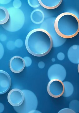 Floating three-dimensional rings with warm rim highlights and soft bokeh circles on a blue gradient background, calm modern abstract composition
