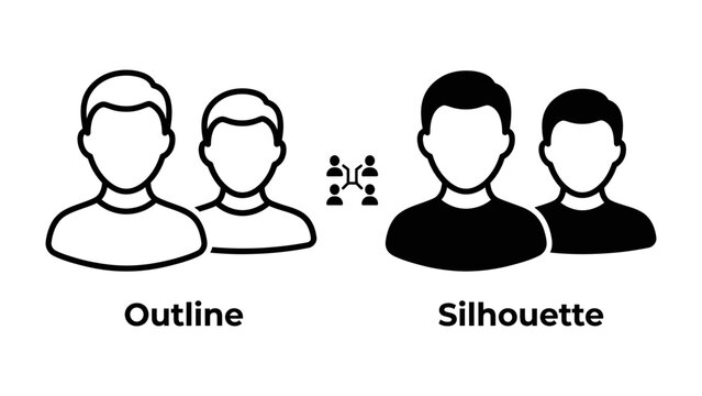 People Icons: Two sets of stylized human figures, one in outline and the other in silhouette, visually represent the concept of identity and representation in a clear and concise graphic.