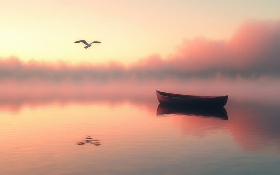 lonely rowboat floating on glassy misty lake at pastel sunrise with a seagull in flight, soft calm and peaceful solitude