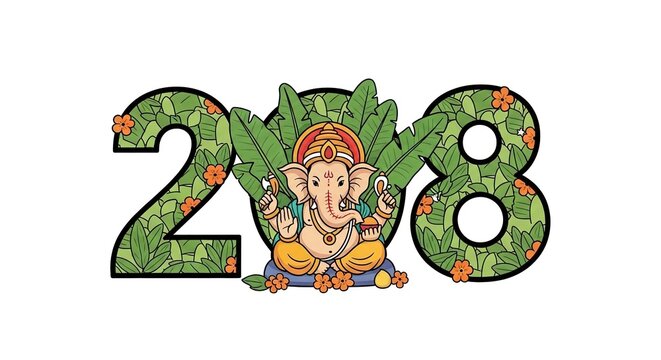 Ganesh Chaturthi Celebration: Lord Ganesha Amidst Floral Number 208 and Lush Greenery, Hindu Festival Art