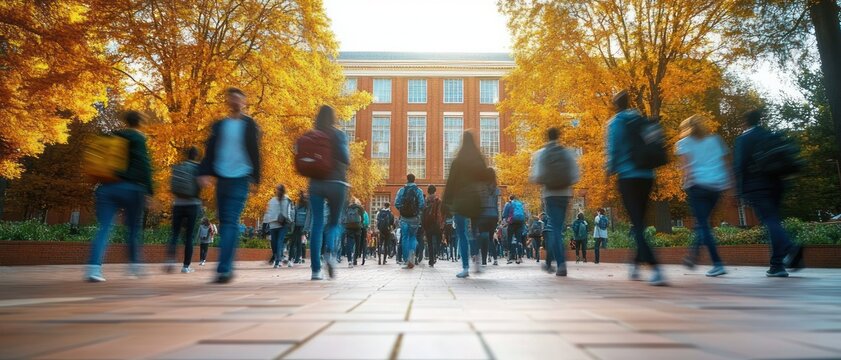 students walking across a tree-lined college campus plaza with orange autumn leaves and motion blur, bustling lively daytime scene in front of a brick academic building