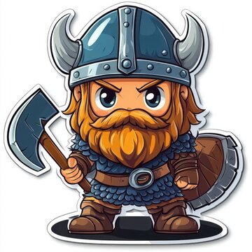 cartoon chibi viking warrior with horned helmet, bright orange beard, battle axe and round shield wearing scale armor, fierce determined expression
