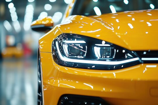 close-up of yellow car front with illuminated led headlight, glossy hood, bumper and side mirror in blurred showroom, sleek modern sporty mood